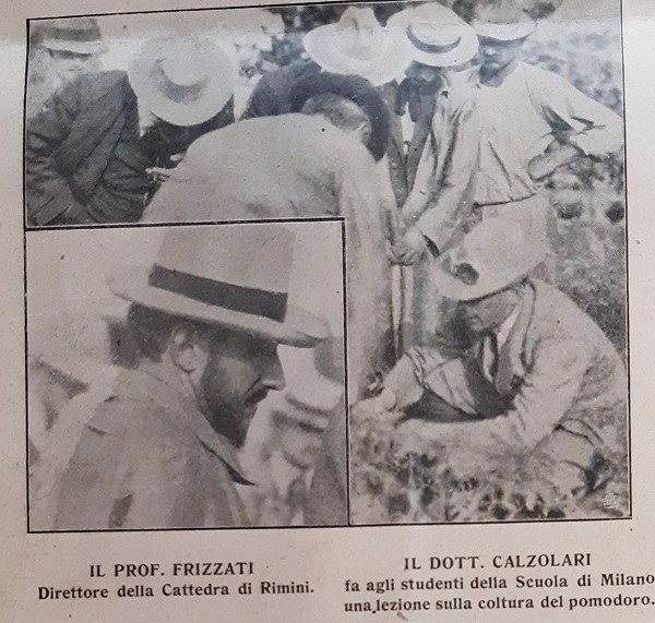 A sinistra il Prof. Frizzati, nella foto grande il Prof. Calzolari tiene una lezione sul pomodoro ai suoi studenti tratto da Il Giornale di agricoltura della domenica, 14-07-1912