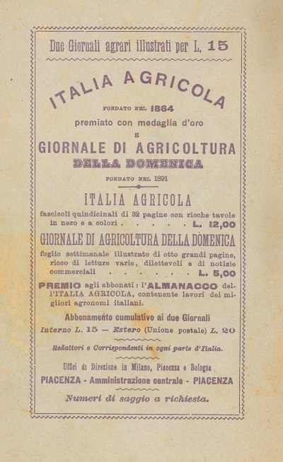 Pubblicità L'Italia Agricola e Giornale di agricoltura della Domenica,  Almanacco dell'Italia Agricola, 1899