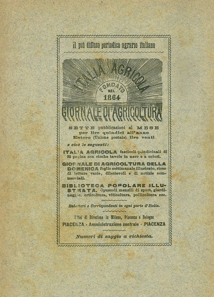 Pubblicità di L'Italia Agricola, Giornale di Agricoltura della Domenica e Biblioteca popolare illustrata,  Almanacco dell'Italia Agricola, 1892