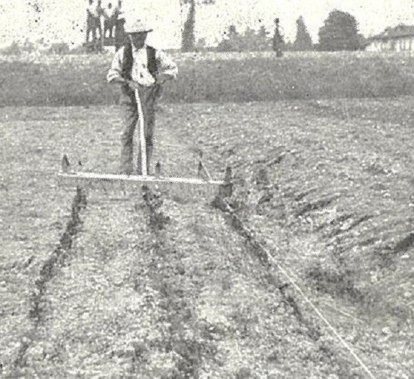 Modo di tracciare i filari con rastrello rigatore tratto da L’Italia Agricola, 15-04-1914
