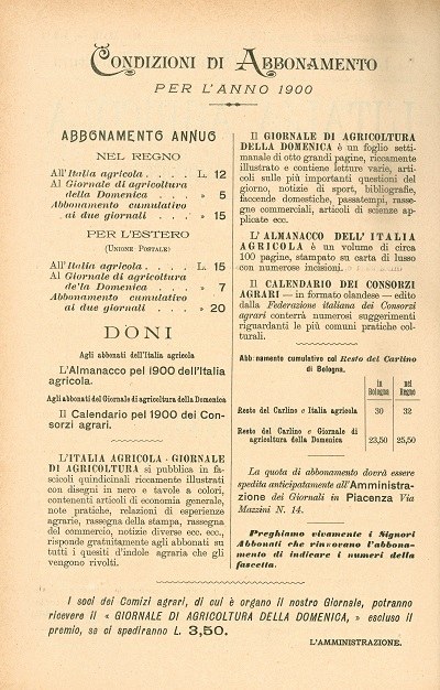 Condizioni di abbonamento per l'anno 1900, L'Italia Agricola, 1900