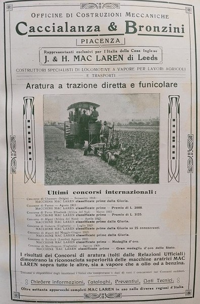 Pubblicità della ditta Caccialanza e Bronzini, L'Italia Agricola, 1916