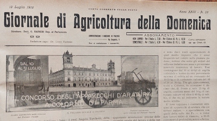 Testata del settimanale Giornale di agricoltura della Domenica, Il Concorso degli apparecchi d'aratura a Colorno di Parma, 13 luglio 1913, p. 217