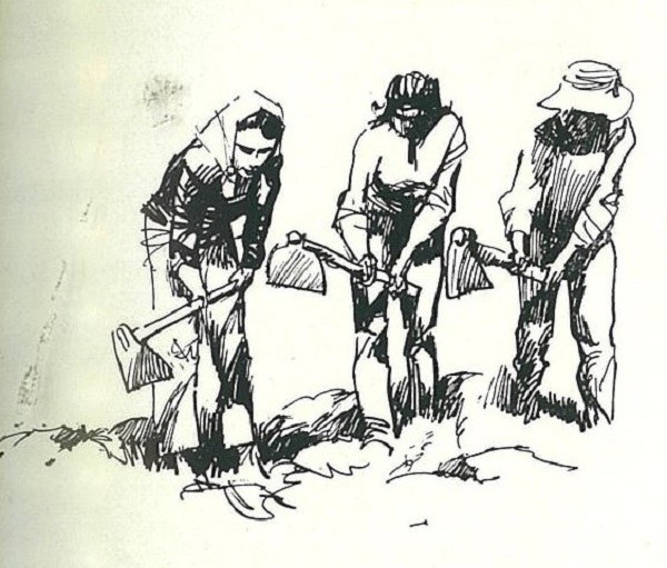 Donne che lavorano la terra, disegno di N. Simbari che correda la rubrica Nota di attualità, L’Italia Agricola, 03-1961