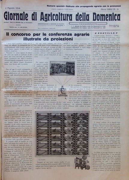 Prima pagina del Numero speciale dedicato alla propaganda agraria con le proiezioni, in Giornale di agricoltura della Domenica, 2 agosto 1914, p. 251