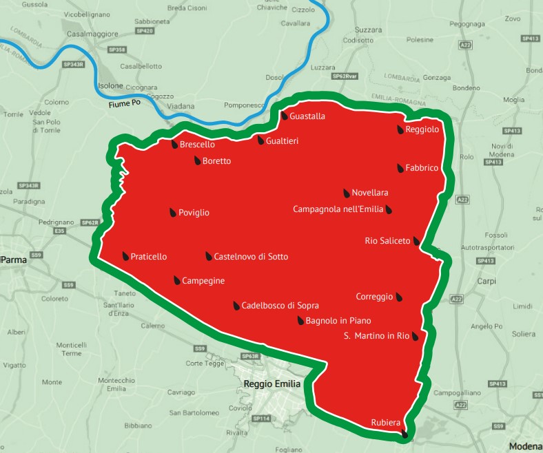 Mappa dell'area di produzione dell'Anguria Reggiana Igp