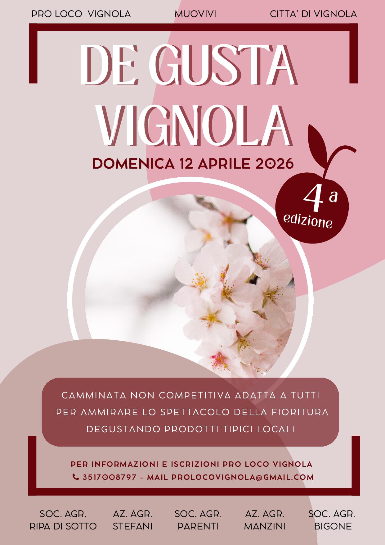 Locandina della camminata enogastronomica De Gusta Vignola con immagine di fiori di ciliegio e l'elenco delle aziende aderenti