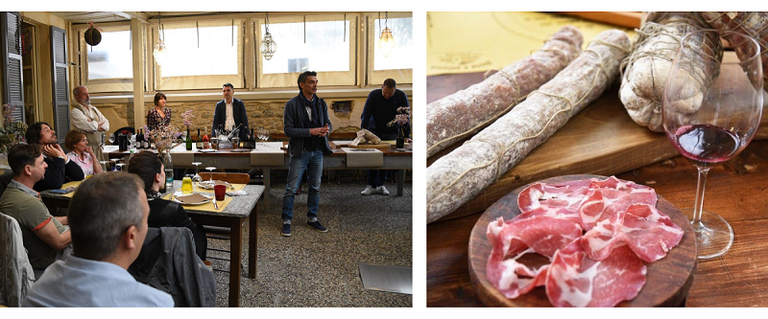 Sessione didattica ai ristoratori romagnoli (sinistra) e degustazione di Salame Felino Igp, Coppa di Parma Igp e vini autoctoni (destra)