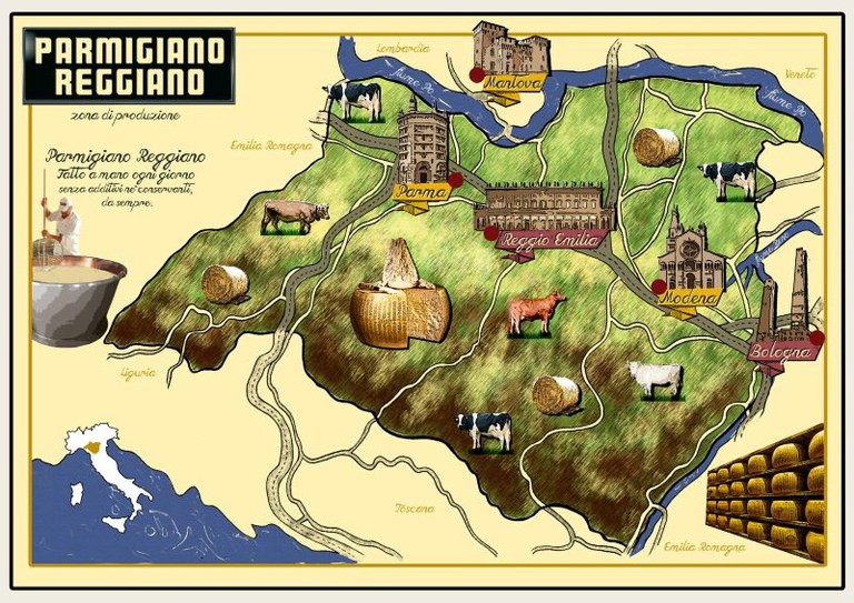 Mappa della zona di produzione del Parmigiano Reggiano Dop