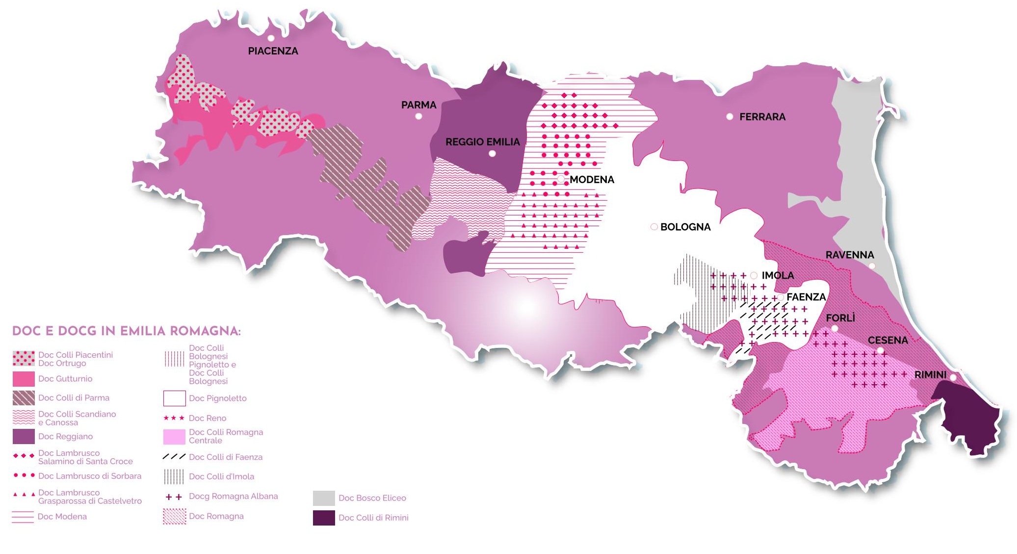 Zone di produzione dei vini a Doc e Docg in Emilia-Romagna