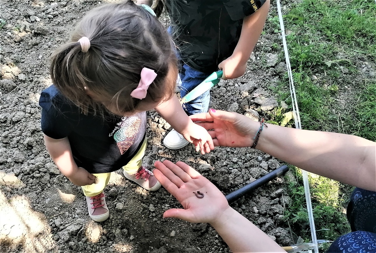 bimba con lombrico su mani di adulto foto F. Dell'Aquila