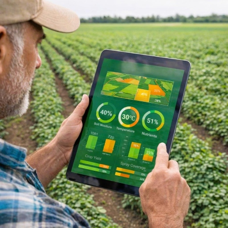 Agricoltore consulta un tablet con grafici agronomici e indicatori ambientali mentre monitora una coltivazione in campo (Immagine generata dall'IA)